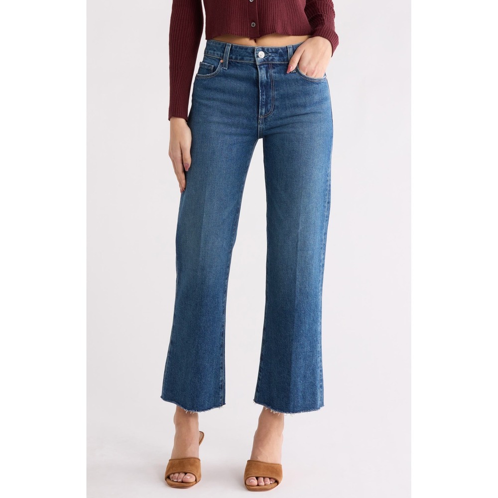 Paige Leenah Ankle High Rise Wide Leg Raw Hem Jeans Blue Denim Size 29